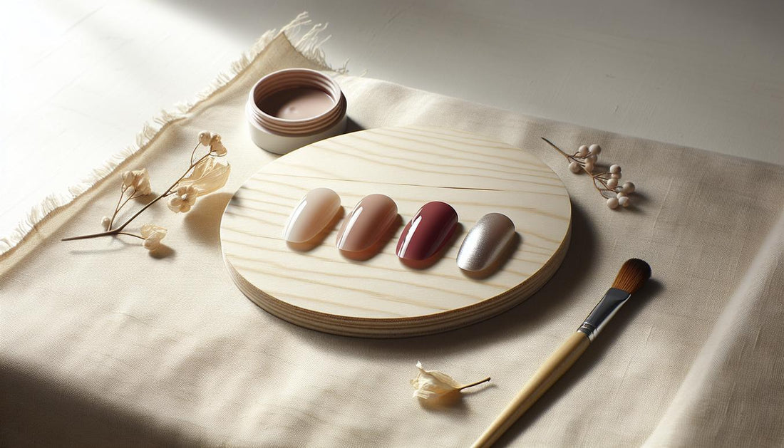 Drei Nagelproben in Nude, klassischem Rot und Metallic auf beigem Leinen und hellem Holz – minimalistische Komposition im NailX-Stil, Fokus Nagellackfarben.