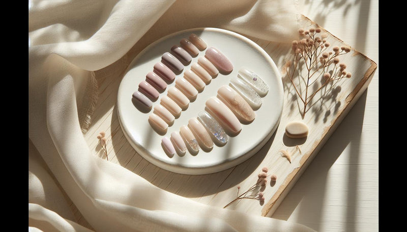Close-up von Press-on-Nägeln mit Milky- und Glass-Effekt, Lavendel-Akzent und feinem Chrome-Reflex auf hellem Holz, minimalistische Szene – nagellacktrends 2025