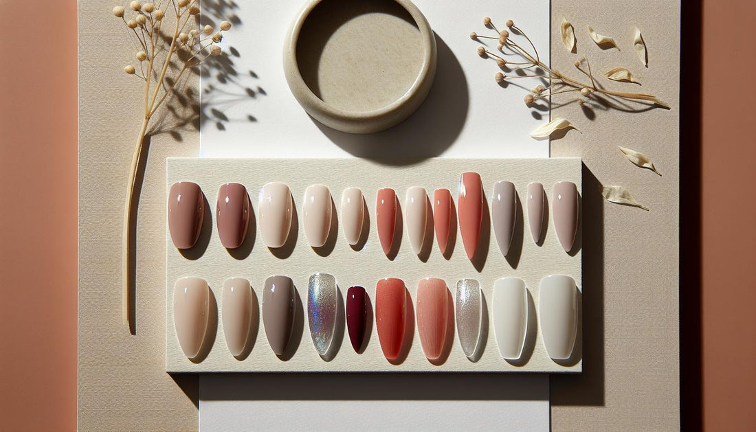 Nahaufnahme von sechs Gel‑Nageltips in Nude, Coral, Berry und Thermo‑Schimmer auf hellem Leinen mit verschiedenen Formen und Finishes – Nagellacktrends 2025