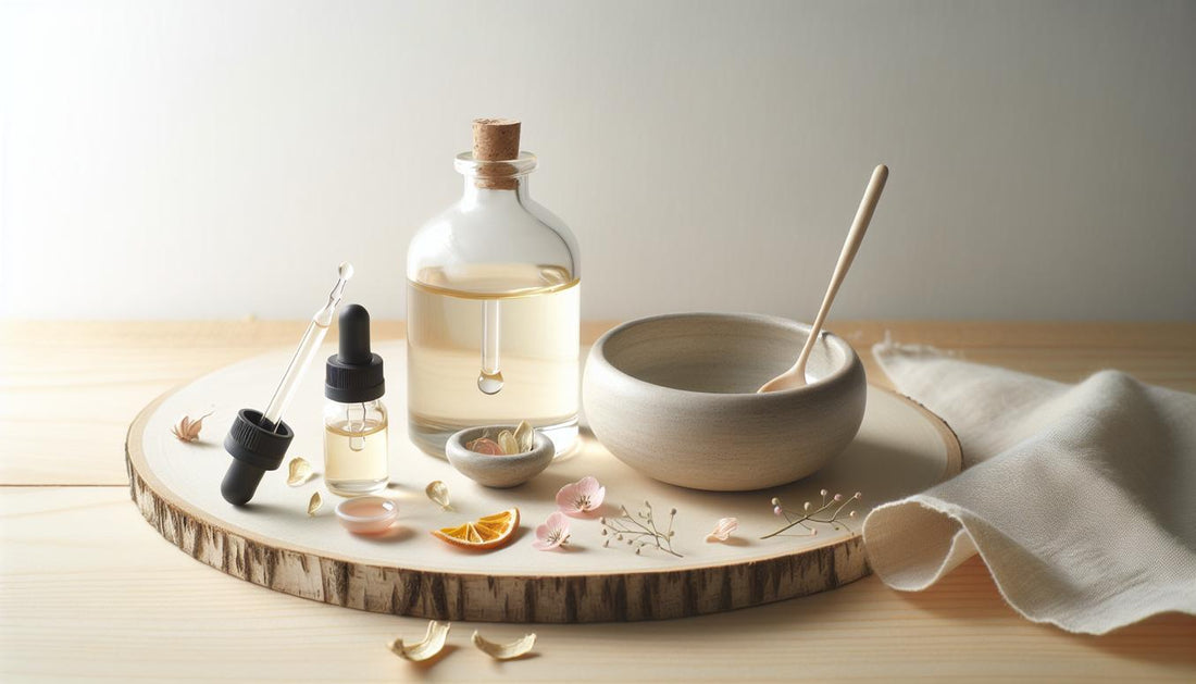 Offene Glasflasche mit naturbelassenem Nagelöl, Pipette, Keramikschale und dezente pinke Akzente auf hellem Holzuntergrund — Nagelöl-Pflegeszene.