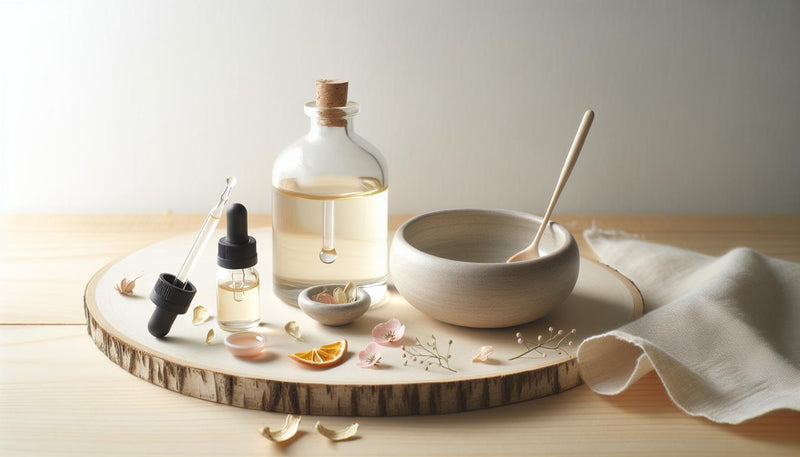 Offene Glasflasche mit naturbelassenem Nagelöl, Pipette, Keramikschale und dezente pinke Akzente auf hellem Holzuntergrund — Nagelöl-Pflegeszene.