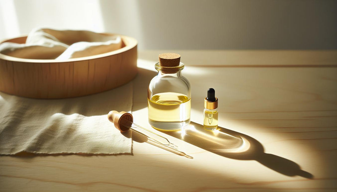 Nahaufnahme eines kleinen Glasfläschchens mit goldenem Nagelöl und Pipette auf hellem Holz neben einem weichen beigen Handtuch, minimalistisch