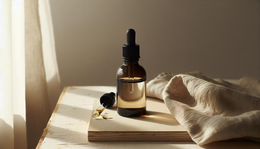 Dunkles Glasfläschchen mit Pipette und goldfarbenem Öl auf hellem Holz, daneben frische Jojoba- und Kokosnusszweige, minimalistisch, nagelöl für zehennägel
