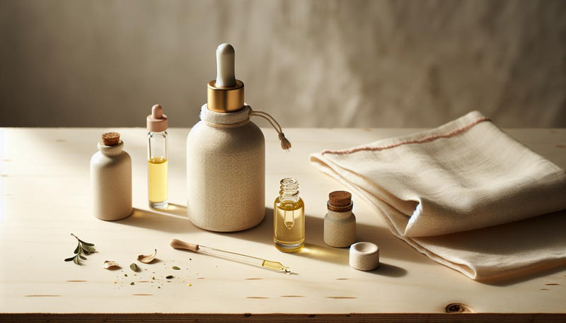 Nahaufnahme: kleine Glasflasche mit goldenem Nagelöl und Pipette auf heller Holzoberfläche, Leinentuch, natürliche Ölfläschchen und dezente pinke Akzente.