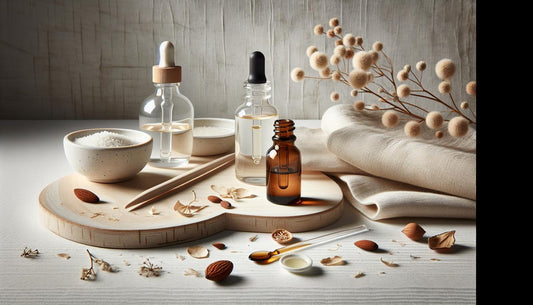 Glasfläschchen mit bernsteinfarbenem nagelöl (Jojoba, Mandel, Argan) auf hellem Birkenholz mit Leinen, Tropfer, Keramikschale und dezenter pinker Akzent.