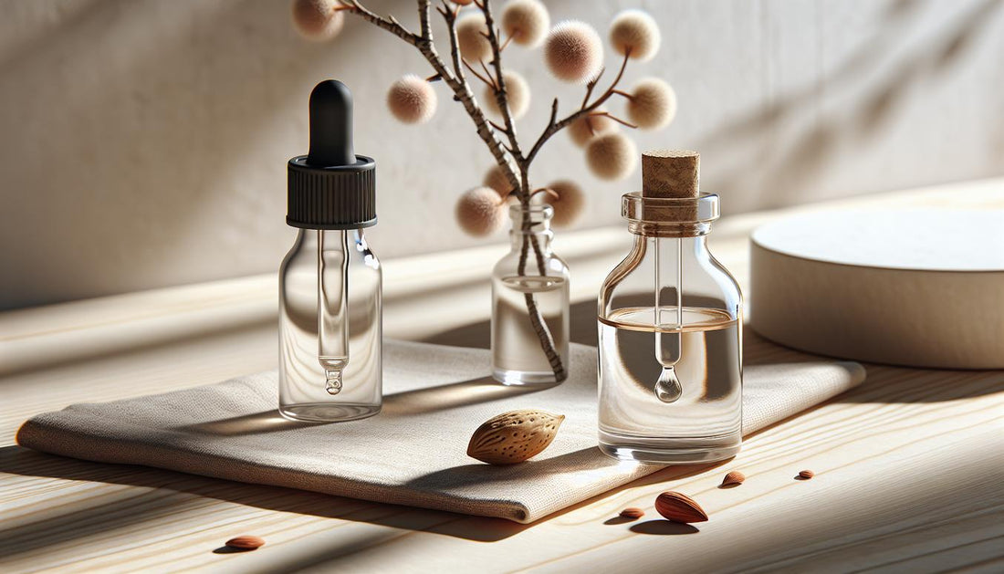 Nahaufnahme eines Glasfläschchens mit Dropper und Nagelöl auf hellem Birkenholz, Jojoba- und Mandelzweige daneben, beiges Leinen mit pinkem Saum, warmes Morgenlicht.