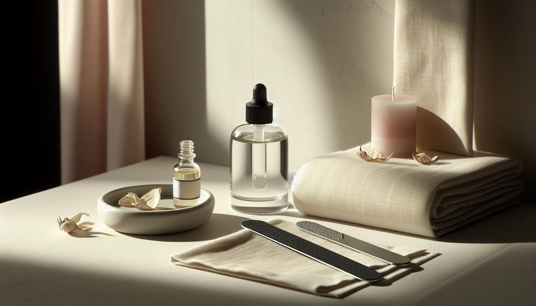 Minimalistische Maniküre-Station: kleines Glasfläschchen Nagelöl auf hellem Holz, weiches Leinentuch, Nagelfeile, sauberes Handtuch und dezente rosa Akzente.