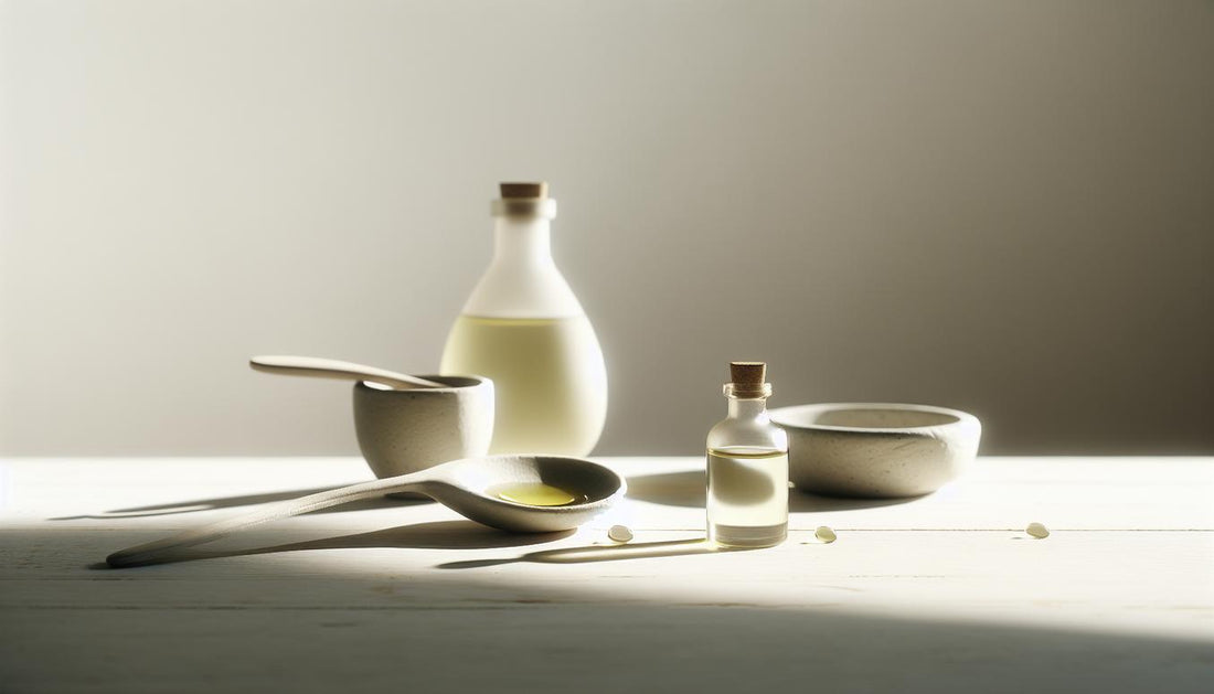 Minimalistische Nahaufnahme mit Nagelöl: weißer Löffel mit Tropfen Olivenöl, kleine Schale, drei Nail-Tips auf hellem Holz, dezente unlabeled Nagelöl-Flasche.