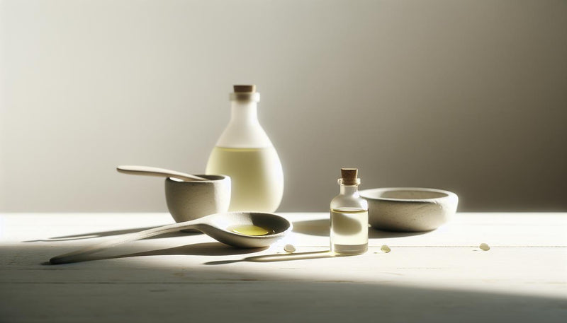 Minimalistische Nahaufnahme mit Nagelöl: weißer Löffel mit Tropfen Olivenöl, kleine Schale, drei Nail-Tips auf hellem Holz, dezente unlabeled Nagelöl-Flasche.