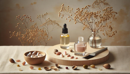 Nahaufnahme einer minimalistischen Maniküre‑Station mit fünf roten Gel‑Nuancen als Farbtupfer, UV‑Gel, Pinsel und Nagelöl auf hellem Holz – rote gelnägel.