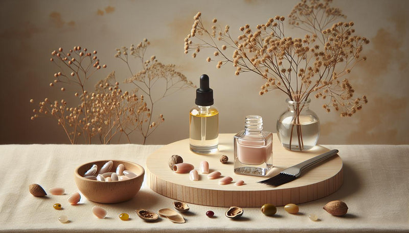 Nahaufnahme von glänzenden Press-on-Zehennägeln auf hellem Holz mit kleiner Glasflasche Nagelöl, Jojoba‑Samen, Argan‑Nuss und dezentem pinken Akzent.