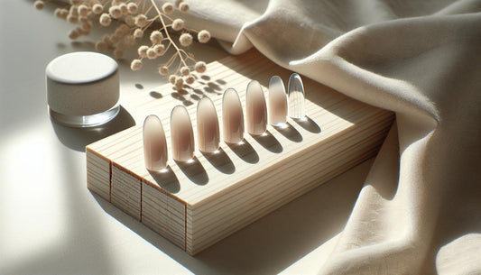 Fünf künstliche Nageltips auf hellem Holz mit beigem Leinen, ein Tropfen Nagelöl auf einem Tip, dezente Blütenblätter, minimalistisch, helle NailX-Farbakzente