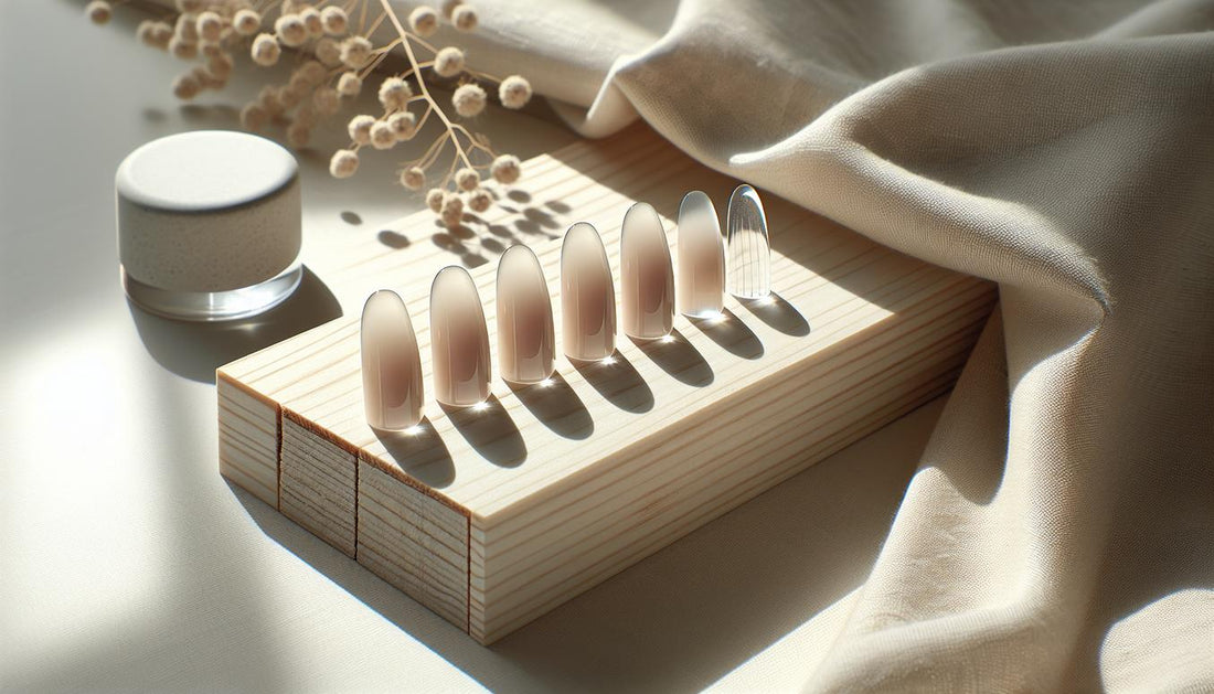 Fünf künstliche Nageltips auf hellem Holz mit beigem Leinen, ein Tropfen Nagelöl auf einem Tip, dezente Blütenblätter, minimalistisch, helle NailX-Farbakzente