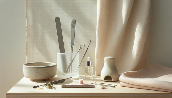 Flachgelegtes Nagelpflege-Set mit Glasfeile, Nagelhautschieber, Nagelöl-Fläschchen und geschlossener UV-Lampe auf hellem Holz – Nagelpflege für Einsteiger