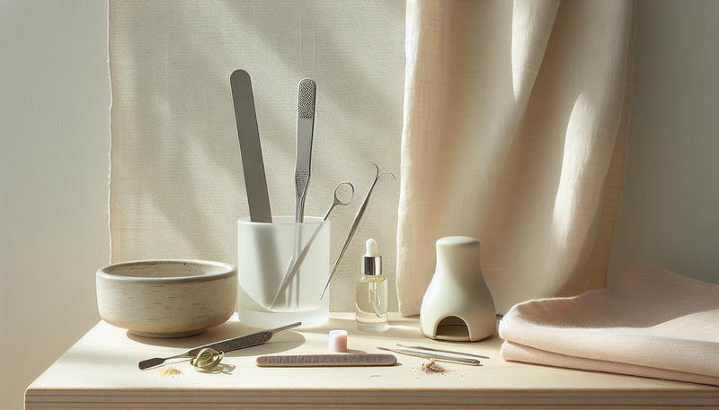 Flachgelegtes Nagelpflege-Set mit Glasfeile, Nagelhautschieber, Nagelöl-Fläschchen und geschlossener UV-Lampe auf hellem Holz – Nagelpflege für Einsteiger