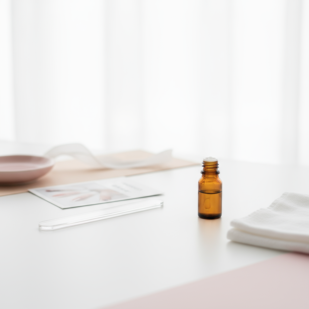 Nagelpflege: Nahaufnahme eines minimalistischen Pflege-Tischs mit Glasfeile, dunklem Nagelölfläschchen, offenem weißen Tuch und angedeutetem GellyNails Kit in Pastelltönen.