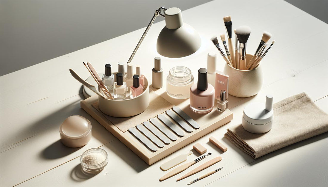 Flatlay auf hellem Holz mit LED‑Lampe, Nagelöl, Feilen, Pinseln und offenem Gel‑Kit, dezente Pink- und Schwarzakzente, minimalistisch und luftig – Nagelpflege Tipps