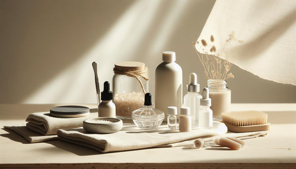 Minimalistische Nahaufnahme einer organisierten Nagelstation mit Glasfläschchen, pH-neutralem Reiniger, Buffer und Nagelöl – nagelpflege tipps