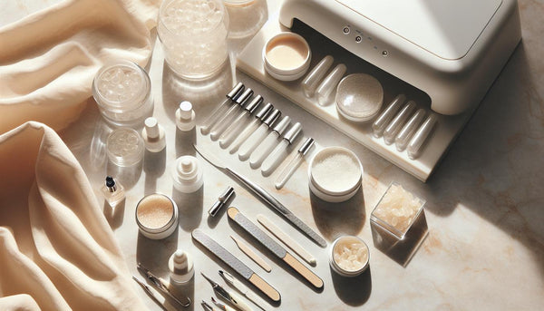 Luftiges Flatlay Nagelpflegeset Gelnägel auf hellem Marmor mit offenen Gel‑Tiegeln, Feile, Buffer, LED‑Lampe, Soft‑Gel‑Tips und dezentem rosa Akzent.