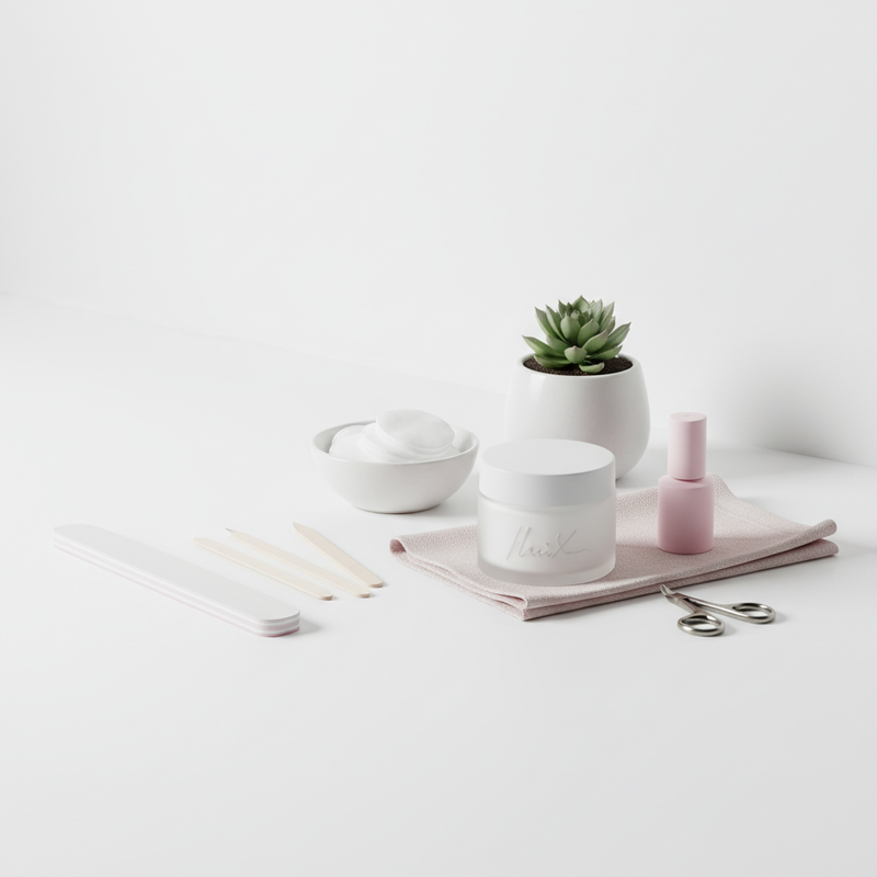 Minimalistisches Stillleben auf weißer Vanity mit Nagelpflege-Tools, kleiner Topfpflanze und dezenter NailX-Produktreferenz – Fokus Nagelpilz Hygiene.