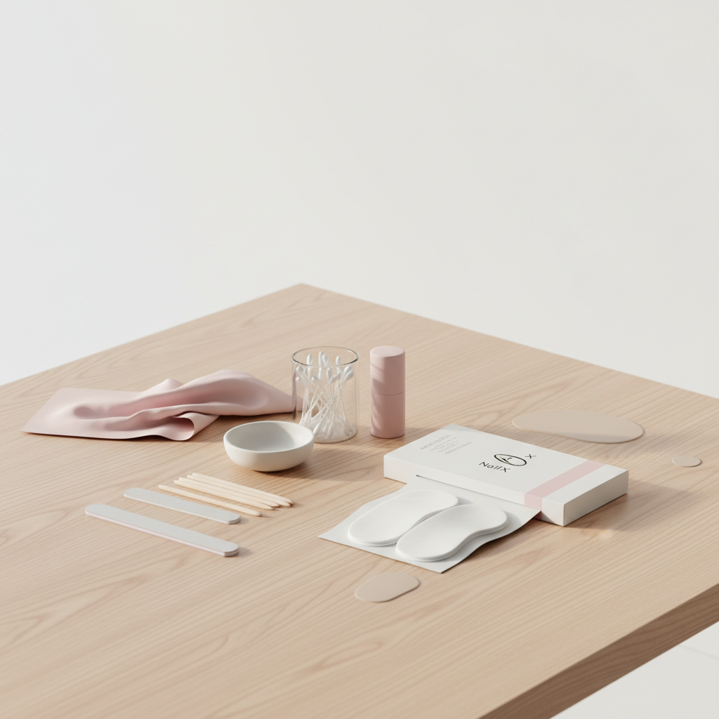 Helle, minimalistische Fußpflegeszene mit geöffneter Packung Einlagen und Maniküre-Set auf hellem Holztisch – Thema Nagelpilz wiederkehrend, sauber und klinisch-ästhetisch.