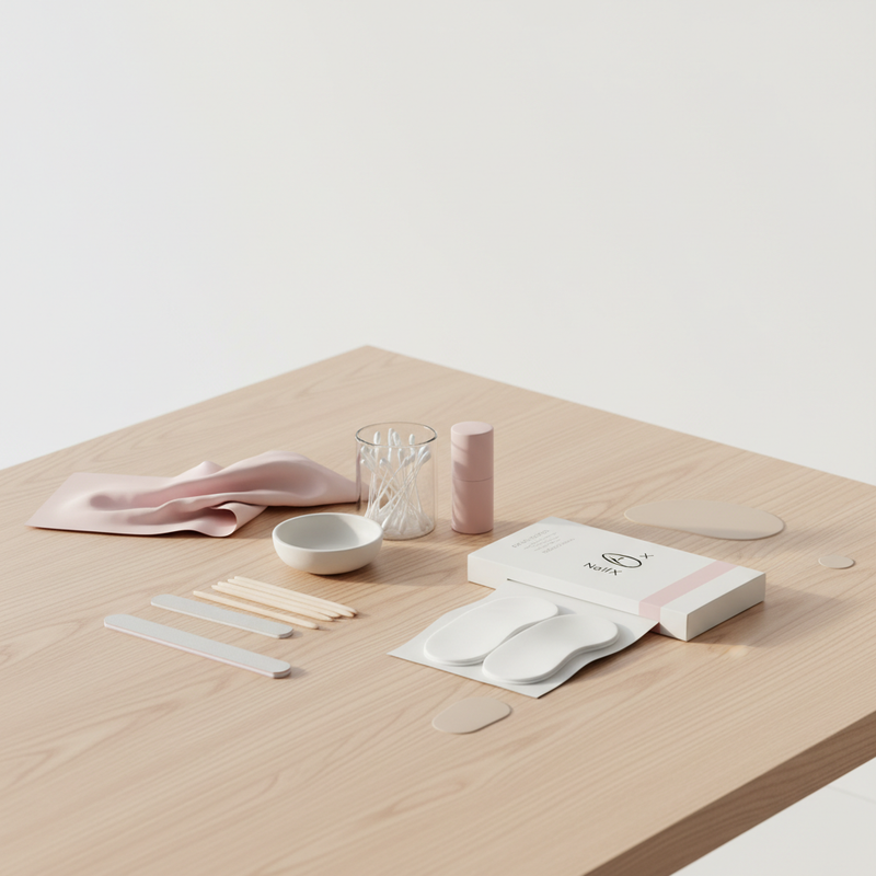 Helle, minimalistische Fußpflegeszene mit geöffneter Packung Einlagen und Maniküre-Set auf hellem Holztisch – Thema Nagelpilz wiederkehrend, sauber und klinisch-ästhetisch.