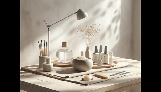 Heller, aufgeräumter Manikürtisch mit Gel‑Starterset, LED‑Lampe, E‑File und geordneten Fläschchen – ruhiges Ambiente für nagelstudio gründung.