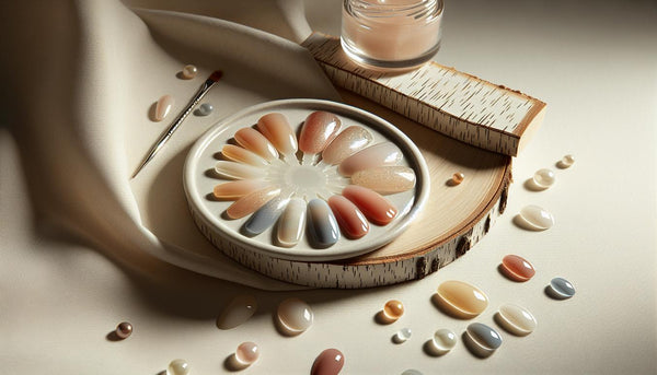 Nahaufnahme sommerlicher Gel-Nagel-Swatches (Beach-Ombré, Sunset-Gradient, Glossy Nude, Chrome-Akzent) auf hellem Holz mit Keramikschale und zarten Akzenten – Nageltrends 2025