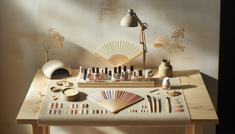 Nahaufnahme aufgeräumter Maniküre-Arbeitsplatz mit Probe-Tips, Pastell- und Nude-Lacken, matt/glänzenden Finish-Proben und UV-Lampe in minimalistischer NailX-Ästhetik, Nageltrends 2025