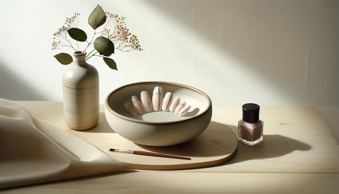 Steinzeugschale mit fünf French-Nagelspitzen, dezenter holografischer Akzent, Nagelölfläschchen und Pinsel auf hellem Holz – Nageltrends 2025