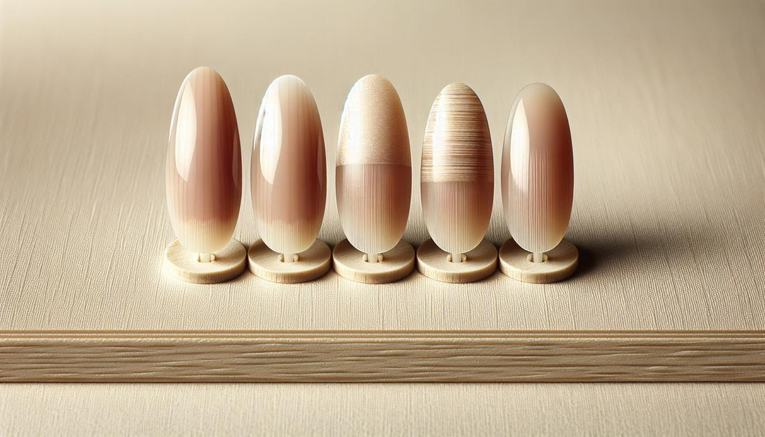 Drei künstliche Nagelspitzen auf hellem Leinen: links Terry‑Nagel aufgehellte Nagelplatte, Mitte Half‑and‑half halbseitige Verfärbung, rechts Beau‑Linien. Nagelveränderungen bei Nierenerkrankungen