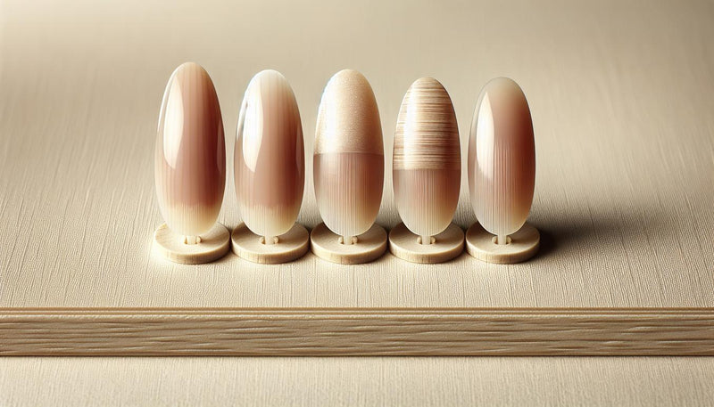 Drei künstliche Nagelspitzen auf hellem Leinen: links Terry‑Nagel aufgehellte Nagelplatte, Mitte Half‑and‑half halbseitige Verfärbung, rechts Beau‑Linien. Nagelveränderungen bei Nierenerkrankungen