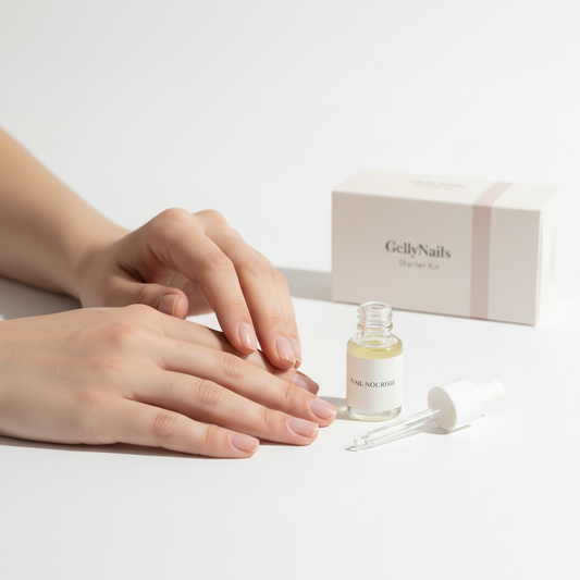 Nahaufnahme zweier Hände neben offenem Nagelöl und GellyNails-Kit auf weißem Hintergrund, minimalistischer Stil mit Pastellakzent #f57fb6, thematisch zu Nagelveränderungen.