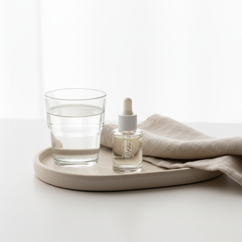 Minimalistisches Vanity‑Closeup mit NailX‑Nagelöl auf Keramiktablett, Glas Wasser und Leinentuch in Pastellrosa – Thema Nagelveränderungen