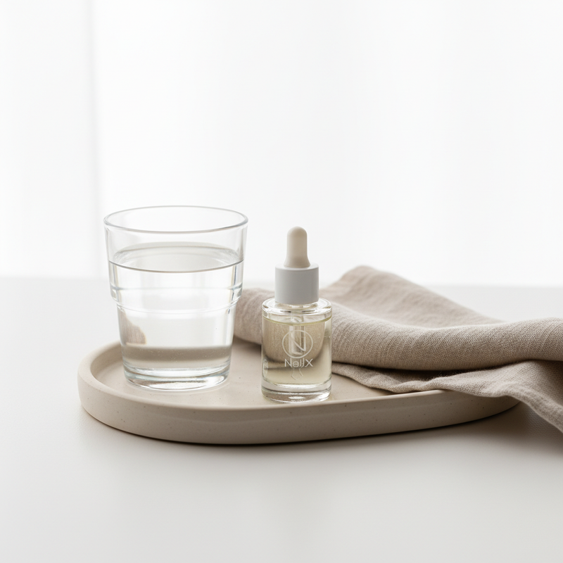 Minimalistisches Vanity‑Closeup mit NailX‑Nagelöl auf Keramiktablett, Glas Wasser und Leinentuch in Pastellrosa – Thema Nagelveränderungen