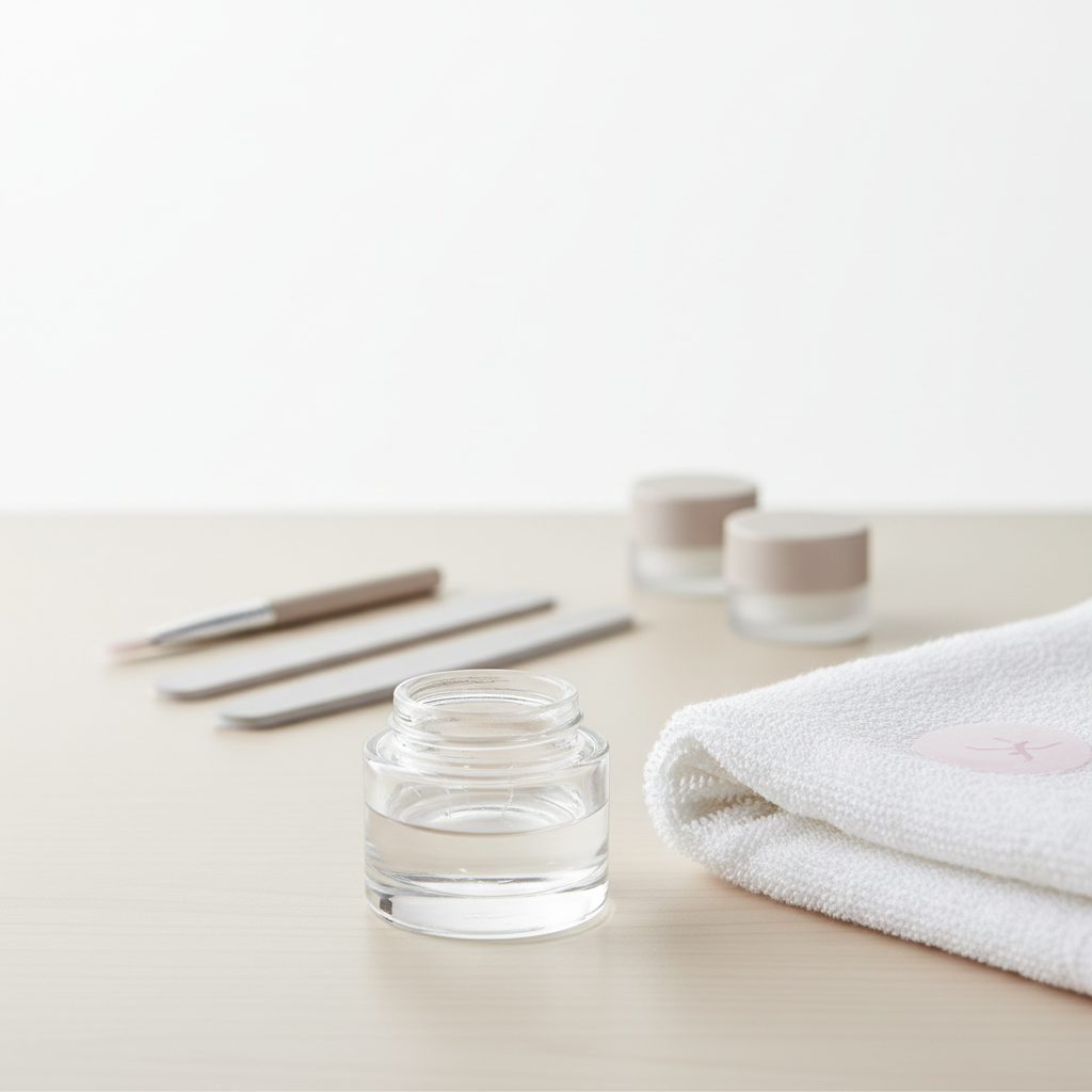 Nahaufnahme eines hellen Tisches mit offenem Glas Nagelpflegeöl, weißem Handtuch und dezentem Nagelpflegeset im Hintergrund – Darstellung zu Nagelveränderungen