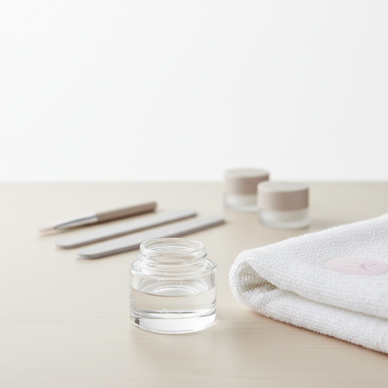 Nahaufnahme eines hellen Tisches mit offenem Glas Nagelpflegeöl, weißem Handtuch und dezentem Nagelpflegeset im Hintergrund – Darstellung zu Nagelveränderungen