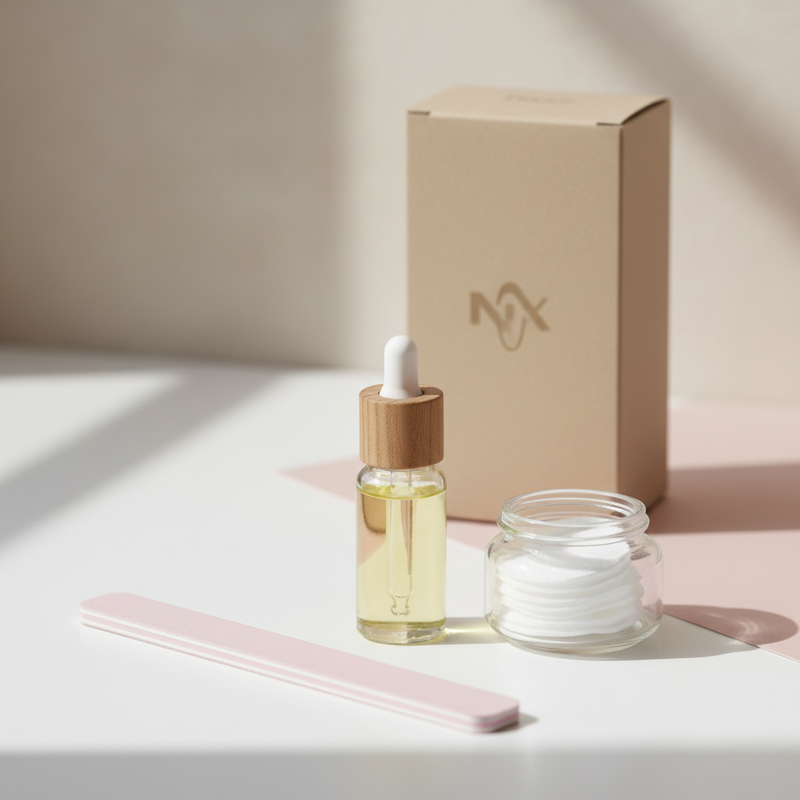 Minimalistische Nahaufnahme von Nagelpflege auf weißem Tisch mit pastellrosa Akzent und neutraler NailX-Box – Nagelveränderungen Ursachen im Fokus