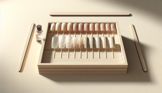 Flatlay mit vier Nagelproben (weiße Punkte, gelb verdickter Nagel, grünliche Verfärbung, dunkler Streifen) und geordneten Nagelpflege‑Tools auf hellem Holz – nagelverfärbung ursachen