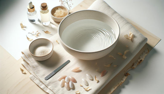 Minimalistische Pflegeszene mit Schale warmem Wasser, Glasfläschchen mit Ölen, Glasnagelfeile und kurzen künstlichen Nagelspitzen auf hellem Leinentuch – Nagelwachstum beschleunigen