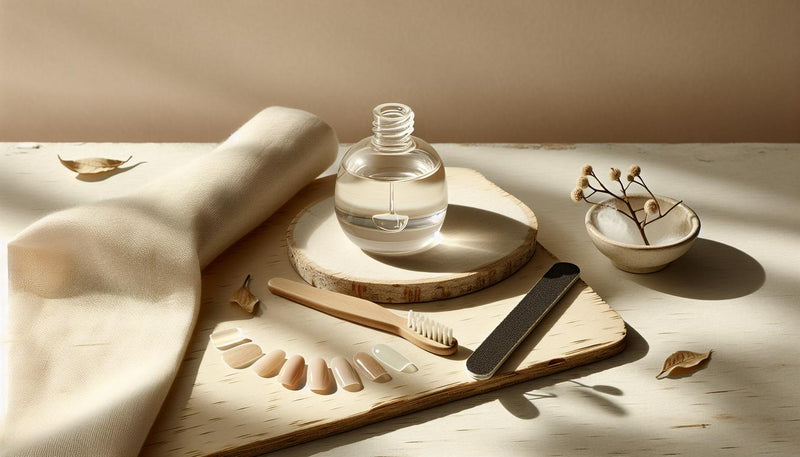 Close‑up mit offenen Nagelhautöl, Press‑on‑Nagelspitzen, Feile und Wattepad auf hellem Holztisch, ruhige minimalistische Szene – Nagelwachstum fördern