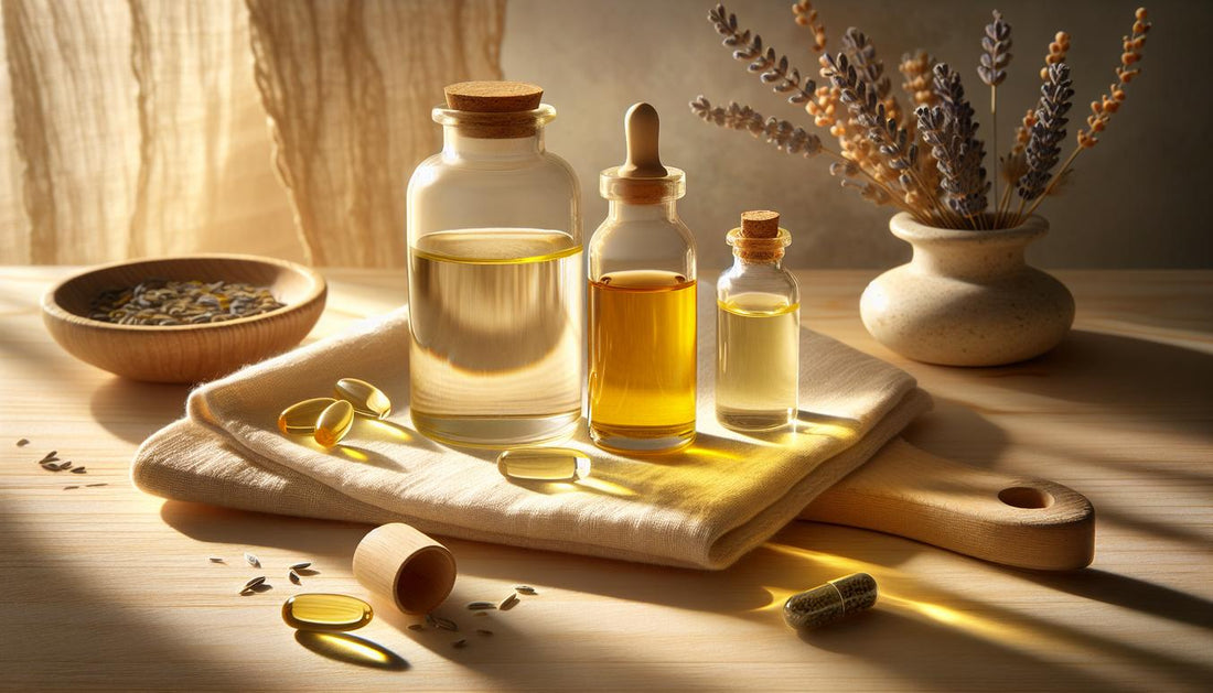 Glasfläschchen mit Jojoba-, Rizinus- und Olivenöl, geöffnete Vitamin‑E‑Kapsel, Baumwolltuch und getrockneter Lavendel auf hellem Holztisch, nagelwachstum öl