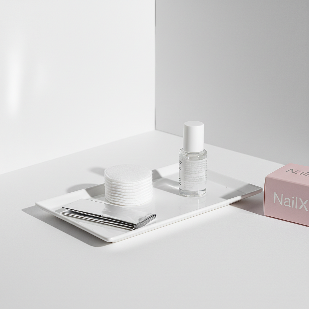 Minimalistisches Stillleben mit Nagelweicher‑Produktbox, Entfernerfläschchen, Baumwollpads und Aluminiumfolienstreifen vor weißem Hintergrund.