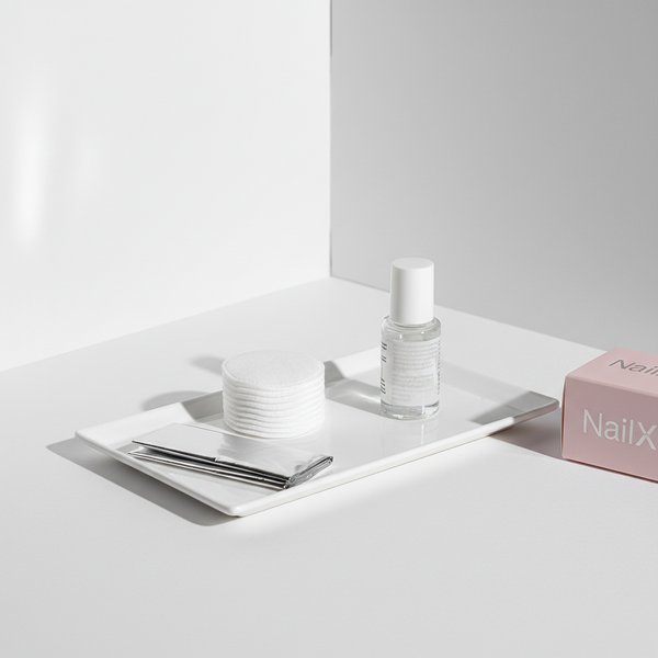 Minimalistisches Stillleben mit Nagelweicher‑Produktbox, Entfernerfläschchen, Baumwollpads und Aluminiumfolienstreifen vor weißem Hintergrund.