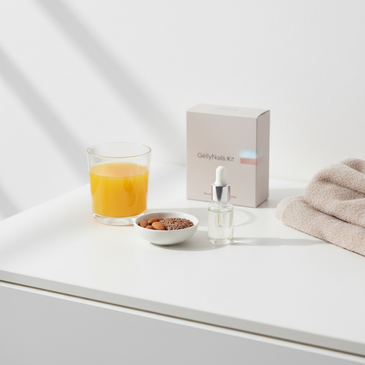 Minimalistisches Badezimmerstillleben mit Glas Orangensaft, Schale Mandeln und Leinsamen, Nagelöl und GellyNails Kit – Nährstoffe für Nägel in ruhiger NailX-Ästhetik.
