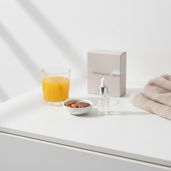Minimalistisches Badezimmerstillleben mit Glas Orangensaft, Schale Mandeln und Leinsamen, Nagelöl und GellyNails Kit – Nährstoffe für Nägel in ruhiger NailX-Ästhetik.