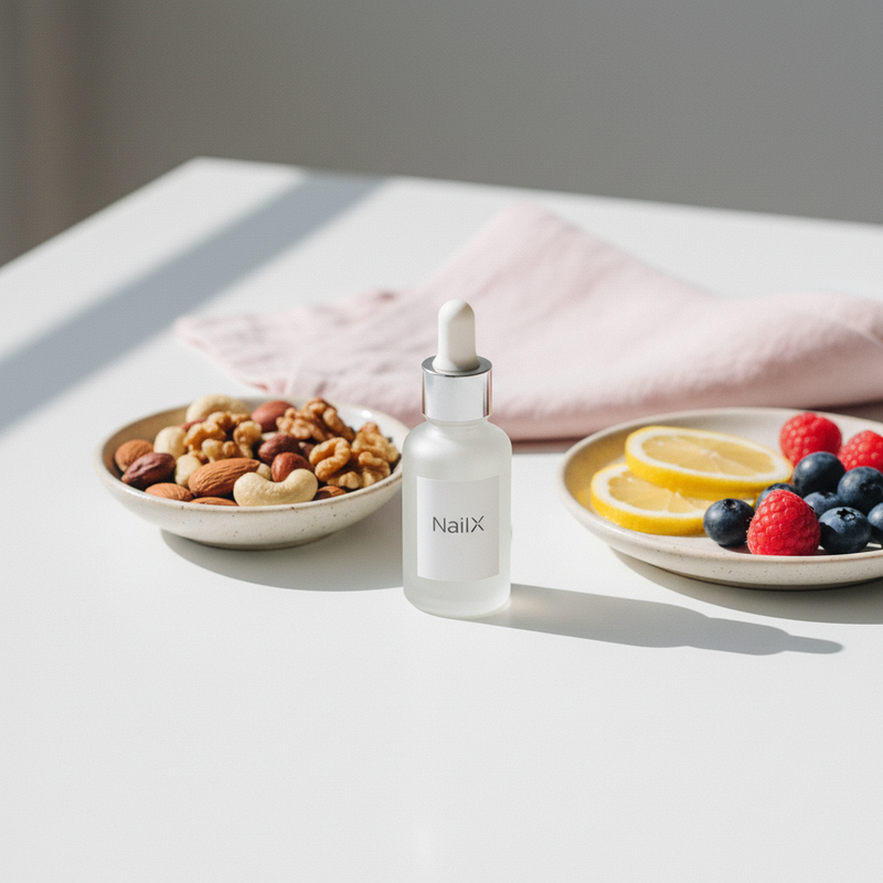 NailX Nagelhautöl auf weißem Tisch neben Schale mit Nüssen und Teller mit Zitrone und Beeren, Close-up-Textur, Nährstoffe für Nägel, minimalistisches Design.