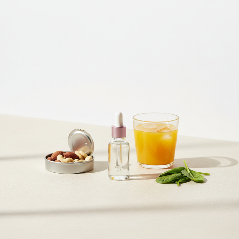 Minimalistisches Produktstillleben mit Nagelhautöl, Nüssen, Orangensaft und Spinatblättern – visuelle Darstellung von Nährstoffe für starke Nägel