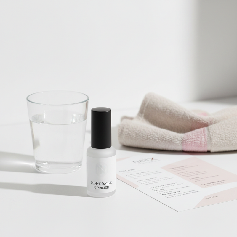 Minimalistisches Badezimmer‑Stillleben mit Dehydrator X Primer, Glas Wasser, pastellfarbenem Handtuch und Rezeptkarte – thematisch passend zu Nährstoffmangel bei Pilzinfektion.