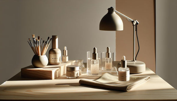 Minimalistische Studio-Nahaufnahme einer aufgeräumten Nagel-Station auf Birkenholz mit UV-Lampe, unlabeled Fläschchen, Nailart-Pinseln und pastellakzent – NailArt Ideen